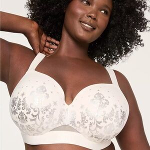 Lane Bryant 42h NWT full coverage Bra with Silver Damask Print - White